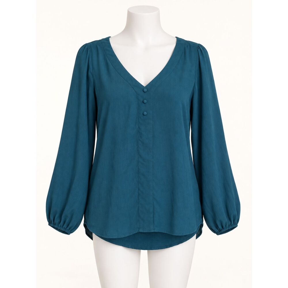 Fortune + Ivy Women’s M Teal V-Neck Balloon Sleeve Blouse Button Front